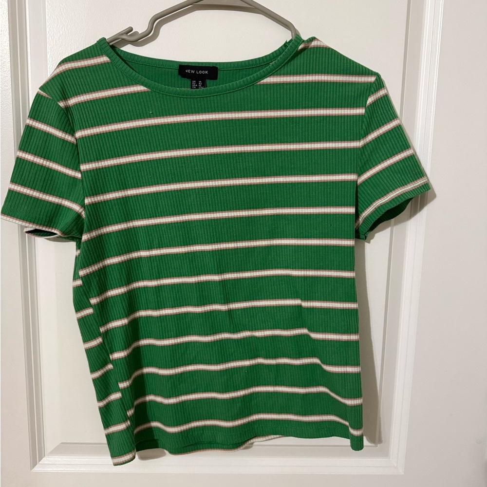 New Look Green Ribbed Top with Pink Stripes